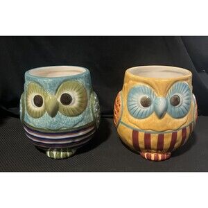Tabletops Gallery 3D Sculpted Owl Mugs - Set of 2 - Blue & Yellow Ceramic